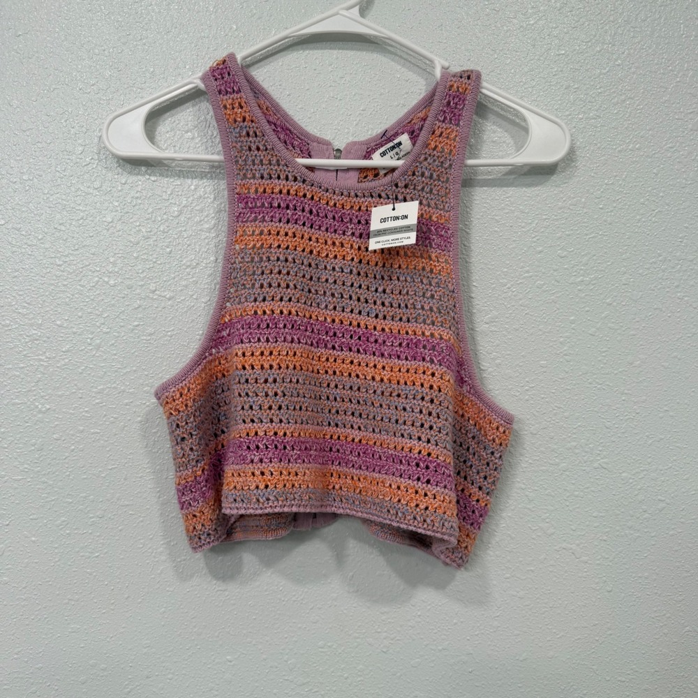 Cotton On Womens Crochet Knit Crop Top Purple Orange Striped Back Zip Large NWT